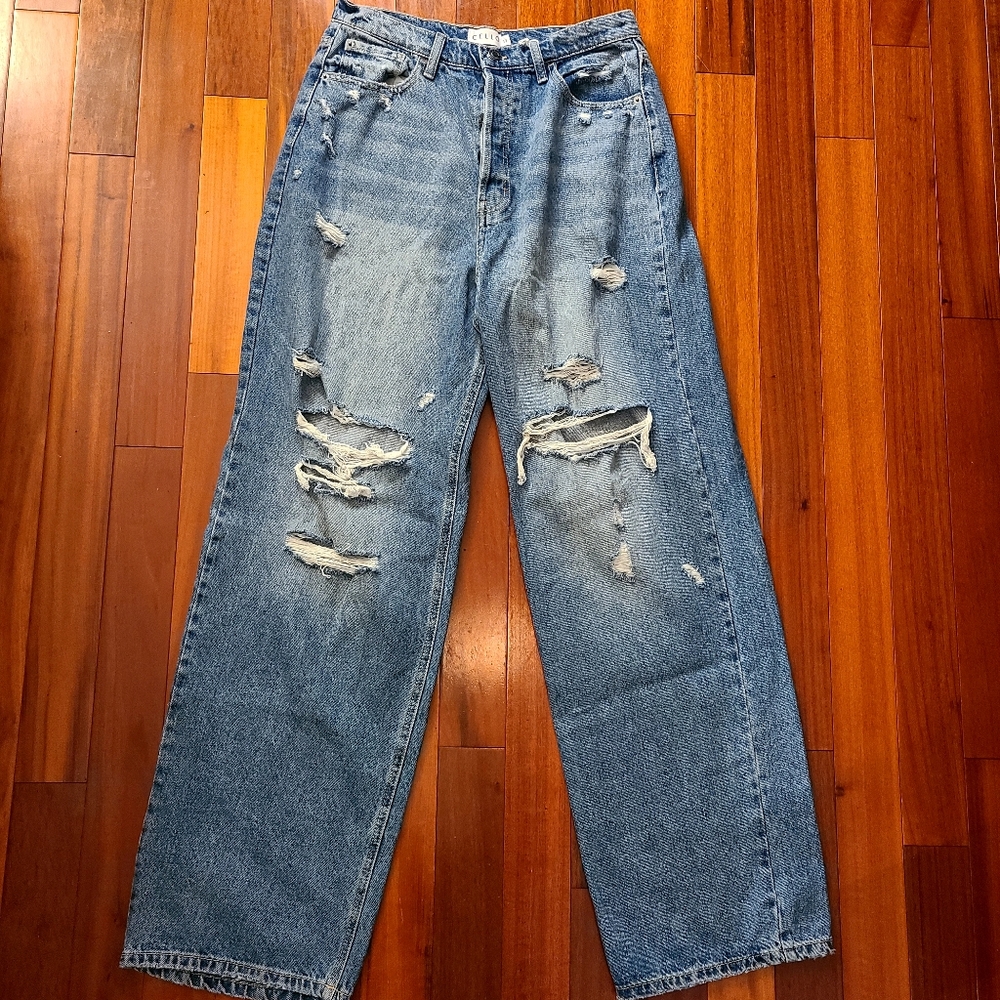 Distressed Women's 11 Mom Boyfriend Baggy Straight Jeans Hippie Goth Skater Blue